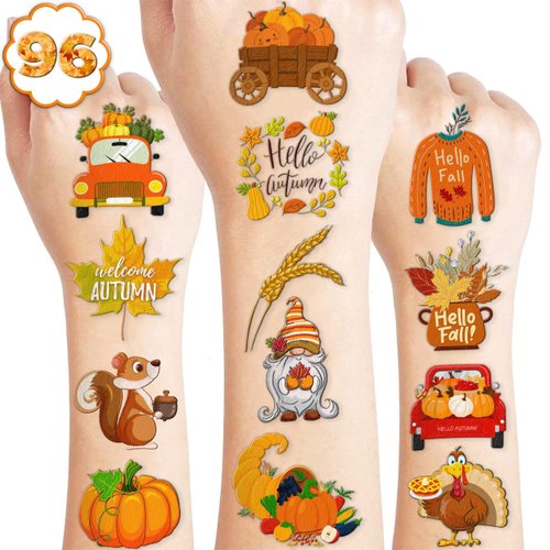100 PCS Thanksgiving Fall Autumn Temporary Tattoos Themed Birthday Party Decorations Favors Supplies Décor Funny Pumpkin Leaves Tattoo Stickers Gifts For Game Kids Boys Girls Classroom School Prizes