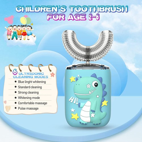 GASLIKE Kids Electric Toothbrushes, U Shaped Ultrasonic Toothbrush, Rechargeable Kids Toothbrush w/Smart Timer, 3 Brush Heads Replacement, 3 Clean Modes, IPX7 Water Resistant for Child 2-8