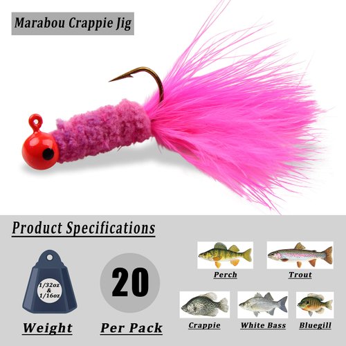 Marabou Jigs Fishing Lure Kit - 20pcs Fishing Jigs Heads Feather Hair Jig for Perch Panfish Bass Pike Walleye Trout