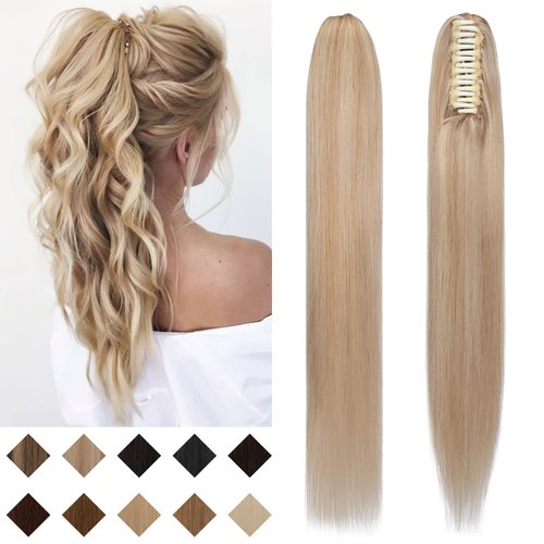 SEGO Claw Clip Ponytail Extension Human Hair Clip in Ponytail Hair Extensions 100% Real Human Hair Pony Tails Hair Extensions Long Straight For Women 14 Inch Ash Blonde&Bleach Blonde 105 Gram