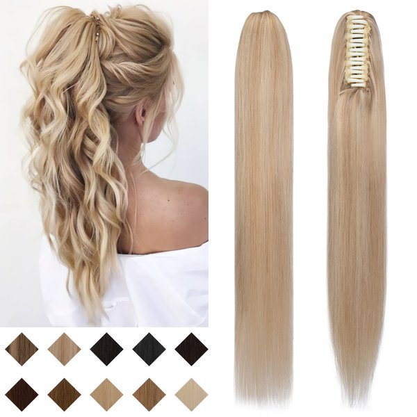 SEGO Claw Clip Ponytail Extension Human Hair Clip in Ponytail Hair Extensions 100% Real Human Hair Pony Tails Hair Extensions Long Straight For Women 14 Inch Ash Blonde&Bleach Blonde 105 Gram