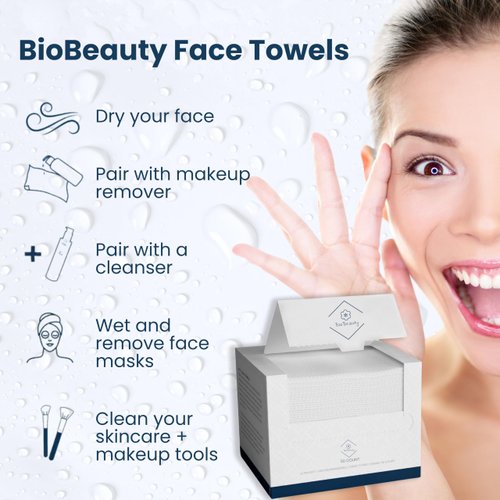 BioBeauty Clean Towels XL, 100% USDA Biobased Dermatologist Approved Face Towel, Disposable Clinically Tested Face Towelette, Makeup Remover Dry Wipes, Ultra Soft, 50 ct, 1 pack