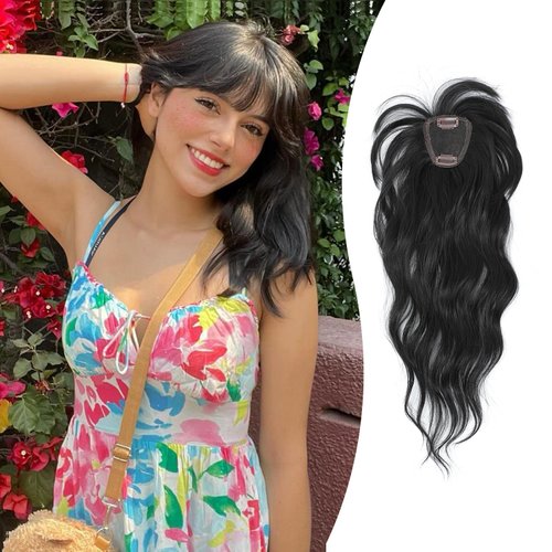 PANEWAY Hair Topper with Bangs Hair Clip 360° 3D Cover Clip in Bangs Natural Black Wavy Fake Bangs Hair Toppers for Women with Thinning Hair Synthetic Hair Pieces For Women