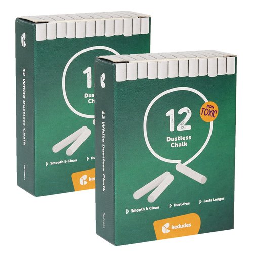kedudes White Chalkboard Chalk - 24 Non-Toxic Chalks for Chalkboard - 2 Packs of 12 Dustless White Chalk - Premium Kids Chalk White - Great for Classroom, Home, and Cafe (2 Boxes, White)