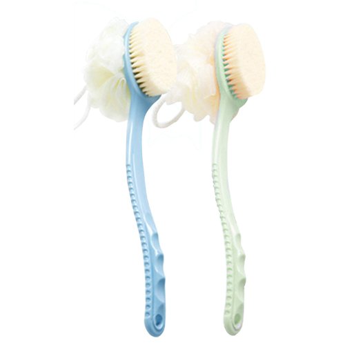 AARainbow 2 Packs Shower Body Brush with Bristles and Loofah, Back Scrubber Mesh Sponge with Curved Long Handle for Skin Exfoliating Bath, Massage Bristles Suitable for Men and Women (1 blue+1 green)