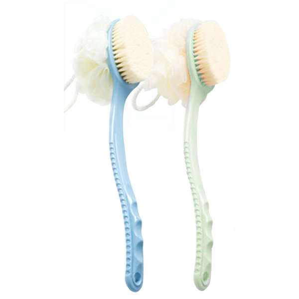 AARainbow 2 Packs Shower Body Brush with Bristles and Loofah, Back Scrubber Mesh Sponge with Curved Long Handle for Skin Exfoliating Bath, Massage Bristles Suitable for Men and Women (1 blue+1 green)