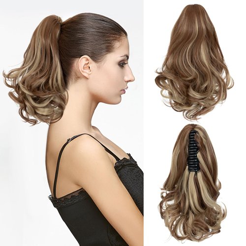 Sleekalon 12" Short Ponytail Extension Claw Wavy Curly Jaw Clip In Pony Tails Fake Ponytail Natural Looking Synthetic Hairpiece for Women Light Brown P Blonde
