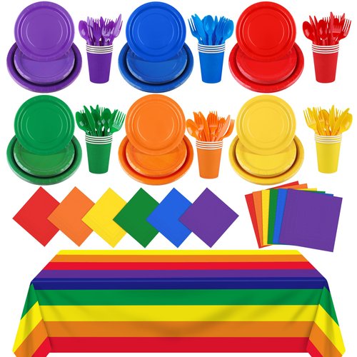 Kochorie 169 Pieces Rainbow Party Supplies Disposable Dinnerware Set Include Plates and Cups Napkins Plastic Forks Knives Spoons Tablecloth for Wedding Birthday Party Decorations, Serve 24 Guests