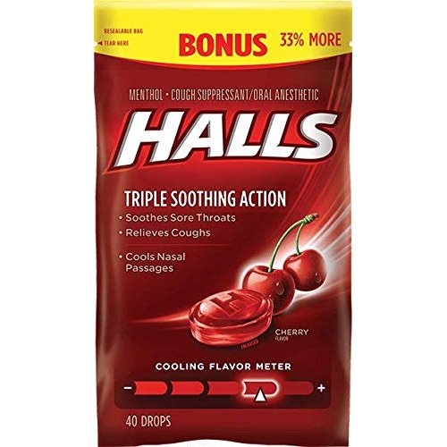 Halls Cough Suppressant Cherry Triple Action Cherry 40 Count (Pack of 2)