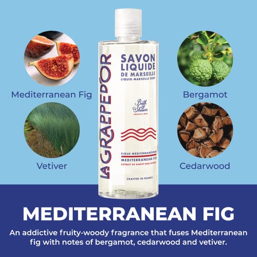 La Grappe d'Or Mediterranean Fig Marseille Soap Body Wash Enriched with Moisturizing Shea & Essential Oil | Made in France from Organic Olive & Coconut Oil | Natural & Vegan, 13.5 oz Liquid