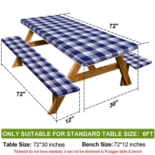 Picnic Table Cover with Bench Covers Camping Essentials Waterproof Windproof Camping Tablecloth with Drawstring Bag, Fitted Rectangle Tables and Seats, 72in, Blue Checkered