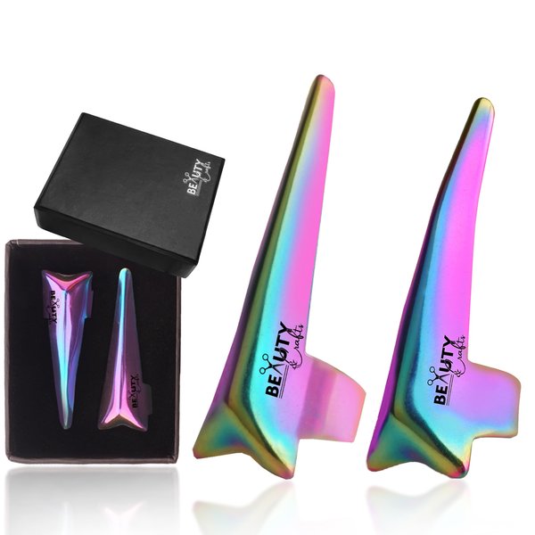 Beauty & Crafts 2PC Pro Hair Parting & Sectioning Rings (Straight & Curve)-Stainless Steel Finger Tool for Precise Hair Styling and Extension Installations -Packed in Box (Rainbow)