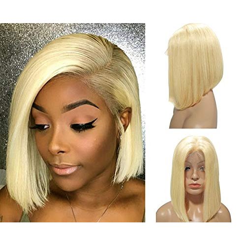 Blonde Lace Bob Wig #613 Virgin Human Hair Pre Plucked 13x4 Lace Frontal Straight 10inch Middle Part Short Cut Bob wigs 180% Density for Women(Could be restyled)