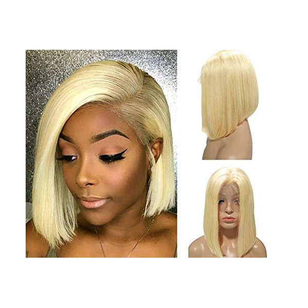 Blonde Lace Bob Wig #613 Virgin Human Hair Pre Plucked 13x4 Lace Frontal Straight 10inch Middle Part Short Cut Bob wigs 180% Density for Women(Could be restyled)