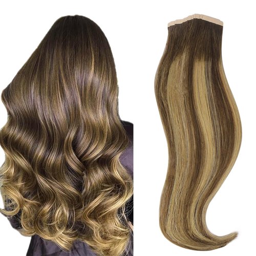 HOTBANANA Tape in Hair Extensions, 16 Inch Tape in Hair Extensions Human Hair 20pcs 50g Chocolate Brown Mixed Caramel Blonde Balayage Tape Hair Extensions Straight Remy Human Hair Tape in Extensions