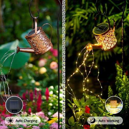 Solar Watering Can with Cascading Lights, Water Can Solar Lights, Solar Waterfall Light Garden Decorative, Hanging Solar Lantern Outdoor Waterproof, Solar Yard Decor, Metal Solar Powered Kettle