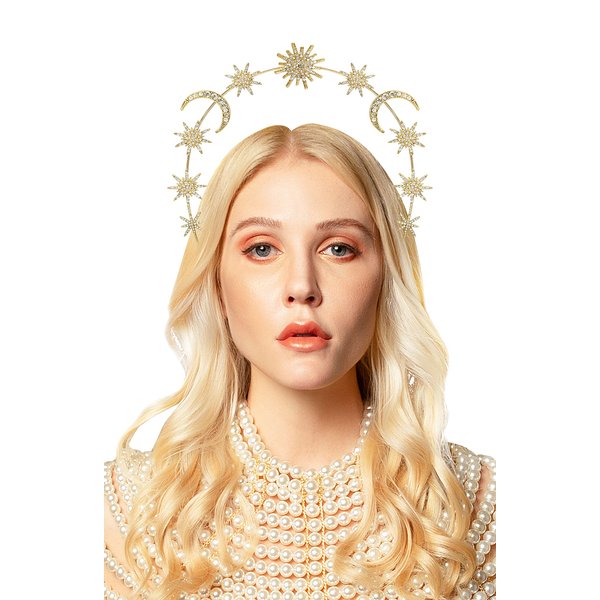 Star and Moon Halo Crown Goddess Crown Celestial Headband Starburst Halo Wedding Bridal Prom Tiara (2-Gold)