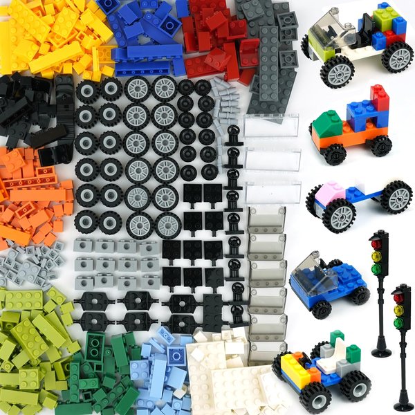 Wheels and Axles Sets with Steering Wheels& &Windshield&Traffic Light, Over 400pcs Classic Bricks Pieces and Car Parts Kits, Basic Bulk Building Blocks Vehicles with Tires