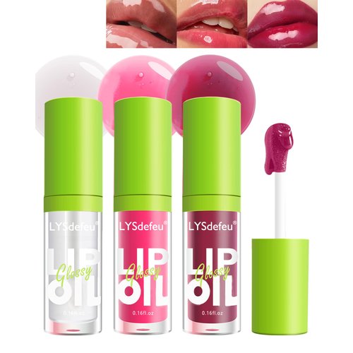 3 Colors Lip Oil Lip Glaze,Tinted Lip Gloss,Hydrating Lip Glow Oil Lipgloss,Shiny Transparent Pink Lip Stain Tint Fat Lip Oil,Clear Glow Reviver Lip Care Oil,Christmas Gift Set for Women-1+2+4