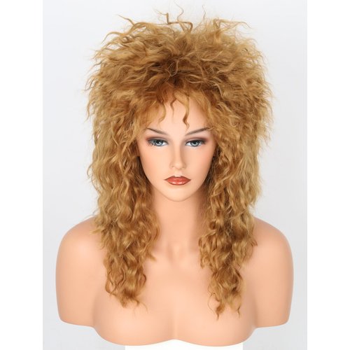Lucoacos Womens Brown Long Curly Wig 80s Rocker Mullet Wig Halloween Party Costume Wig