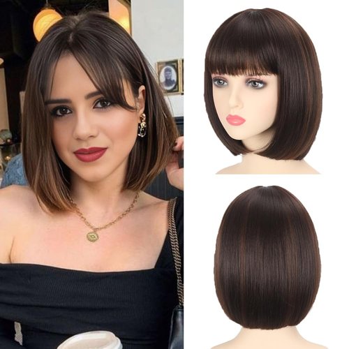 Black Mixed Brown Bob Wigs With Bangs 12 inch Short Straight Synthetic Shoulder Length Wig For Women Heat Resistant Bob Wig Style for Daily Party Cosplay (4/30, 12 Inch)
