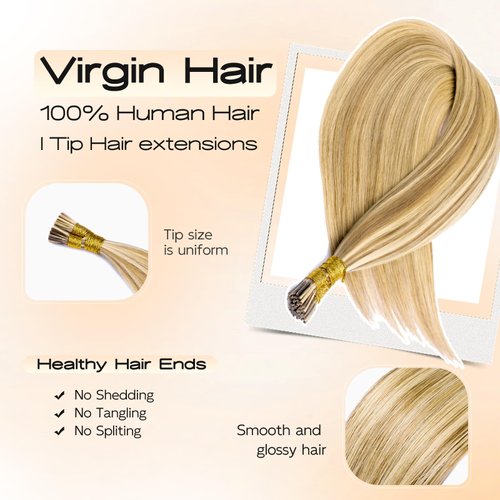 MioYio I Tip Hair Extensions Human Hair 30G/Pack Virgin Hair Itip Human Hair Extensions Dark Blonde to Highlighted Blonde Pre Bonded I Tip Real Hair Extensions Long Straight #18/613 14Inch