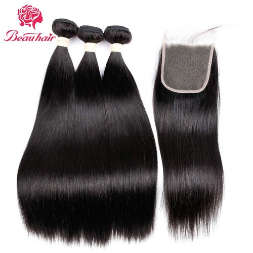 Beauhair 7A Brazilian Straight Hair 3 Bundles with Lace Closure (8 10 12+12 Free Part closure) Virgin Human Hair Weave 100% Unprocessed Human Natural Black Straight Remy Hair Extensions