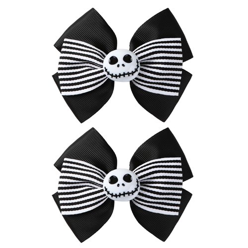 2Pcs Ghost Skull Hair Bows Black White Striped Ribbon Hair Clip Christmas Halloween Costume Accessories Party Decorations for Jack