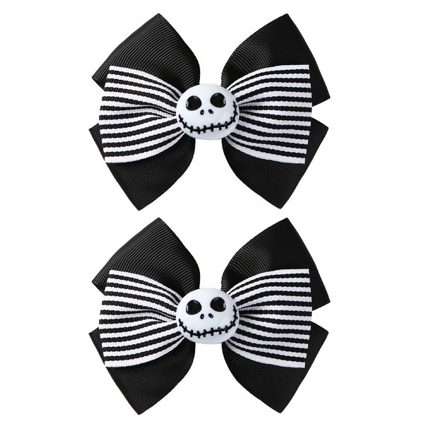 2Pcs Ghost Skull Hair Bows Black White Striped Ribbon Hair Clip Christmas Halloween Costume Accessories Party Decorations for Jack