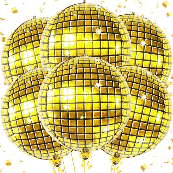 KatchOn, Big Gold Disco Ball Balloons - 22 Inch, Pack of 6, Gold Disco Party Decorations | 4D Gold Disco Balloons, 70s Party Decorations | Gold Disco Ball Decorations | Disco Ball Balloons Gold