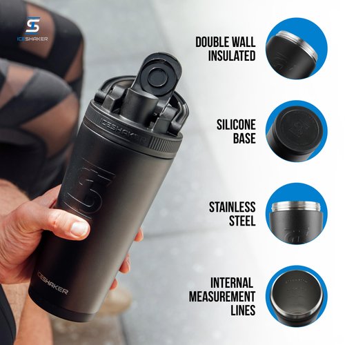 Ice Shaker Insulated Stainless Steel Shaker Bottle | 26oz, Black | Cold for 30+ Hours | Insulated Cup with Twist-on Agitator | Odor-Free Shaker Cup for Protein Shakes, Water, Smoothies, Cocktails