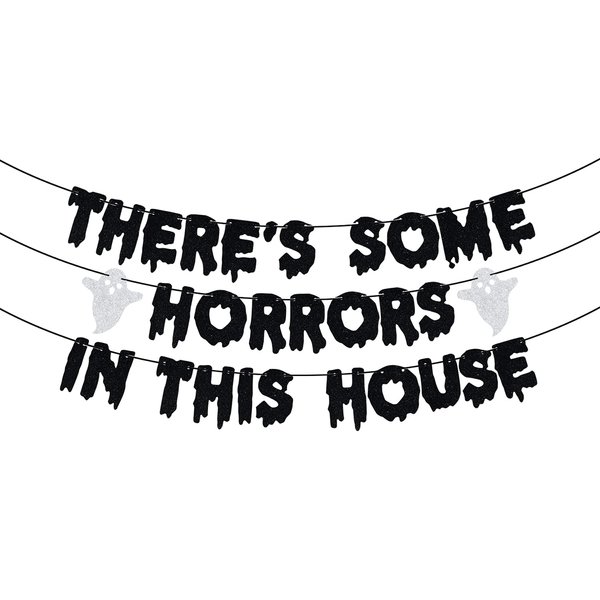There's Some Horrors in This House Banner, Halloween Party Decorations, Ghost Halloween Party Supplies for Home Office Fireplace Mantle, Halloween Haunted House Decorations