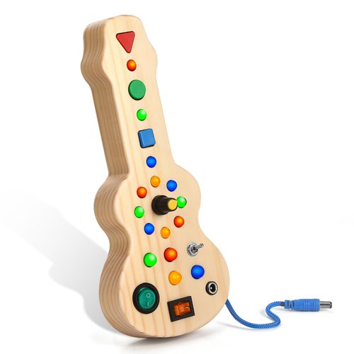 Montessori Toddler Busy Board Toy Busy Board with 15 LED Light Wooden Guitar Busy Board Toy Sensory Toy Light Switch Toy for Toddler and Baby