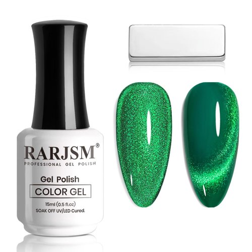 RARJSM Green Cat Eye Gel Nail Polish with Magnet Stick Diamond Emerald Green Velvet Cateye Gel Po...