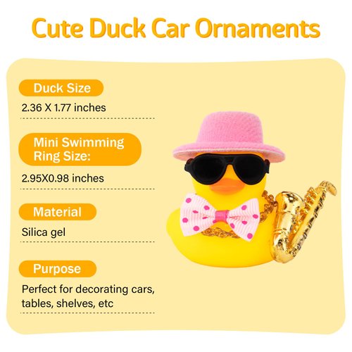 wonuu Rubber Duck Car Ornaments Cute Car Accessories for Duck Car Dashboard Decorations with Bow Tie TOP Hat Necklace and Musical Instruments, Pink hat&tie