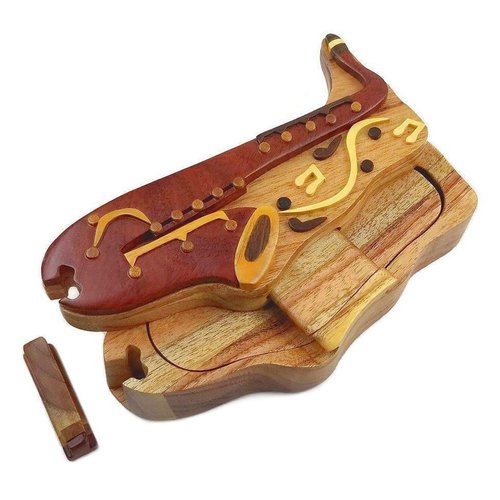 Saxophone with Musical Notes All Natural Exotic Woods Puzzle Box, 7 x 3.5 x 2 with Sliding Wooden Magnetic Key Lock, Sliding Cover and Inner Lid to Hidden Compartment. Hand-Made Wood Onlay Design