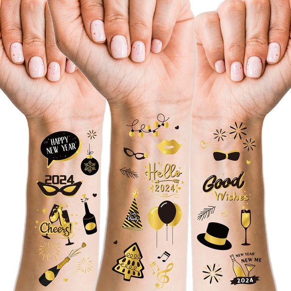 PTYQU New Years Eve Party Supplies Temporary Tattoos - 90 Glitter Styles | NYE Party Favors, Happy New Year Decorations, NYE 2024 Décor