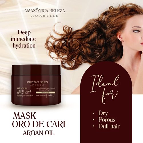 AMAZONICA BELEZA Oro de Cari Hair Mask, Intensive Hydration for Dry Hair with Argan Oil and Vitamin E, Professional Line, 10 Oz