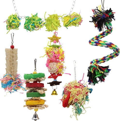 ZOCONE 6 Pcs Bird Toys, Bird Foraging Chewing Toys, Parrot Cage Shredder Toy, Loofah Hanging Parakeet Toys, Climbing Cotton Rope Toy for Cockatiels, Medium/Small Parrots, Finch, Lovebirds, Budgie