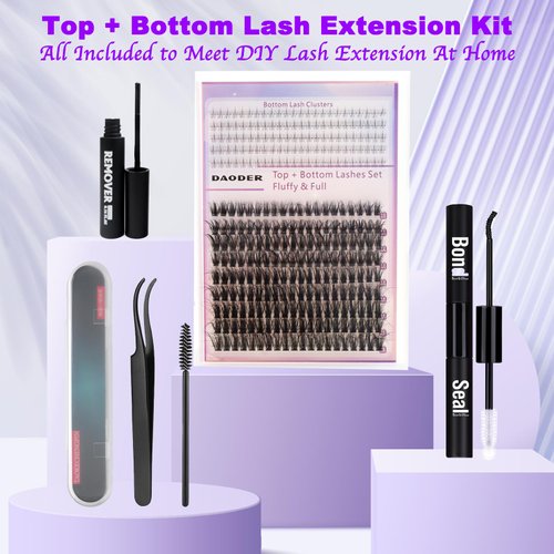 DAODER Lash Extension Kit with Bottom Lashes 50D D Curl Light Volume Lash Clusters with Bond Seal And Lash Remover Fluffy Eyelash Extenstion Kit DIY Individual Lashes(50D + Bottom Lash Clusters Kit)