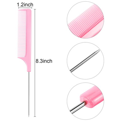 16 Pieces Rat Tail Comb Foiling Combs Steel Pin Rat Tail Fiber Heat Resistant Teasing Combs with Stainless Steel Pintail for Women Girls Hair Styling