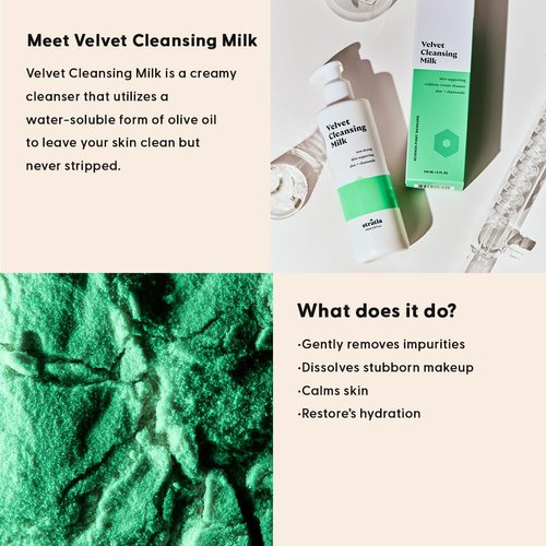 Stratia Velvet Cleansing Milk | Gentle Cream Face Cleanser | Moisturizing, Non-Foaming | Chamomile, Olive Oil & Aloe Vera | 8 Fl Oz