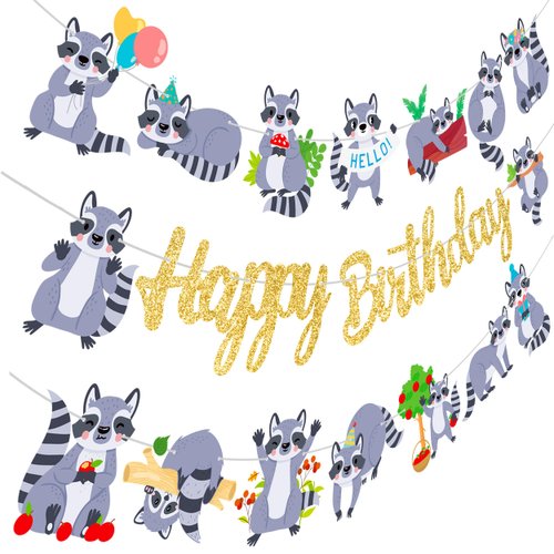 Raccoon Birthday Party Banners 3Pcs Raccoon Birthday Decorations Gold Glitter Happy Birthday Banners Woodland Themed Party Decorations for Raccoon Theme Birthday Forest Animal Baby Shower Supplies