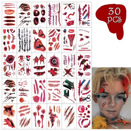 Loyalland 24 Sheets Halloween Temporary Tattoos, Realistic Bloody Makeup Face Decorations, Fake Wounds Tattoo Scar Stickers, Waterproof Wound Blood Bleeding for Costume, CosPlay, Red, 1.0 Count