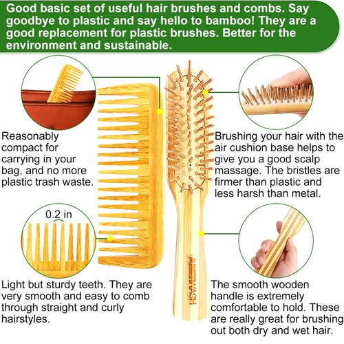 Bamboo Hair Brush and Comb Set, Wood Paddle Detangling Hairbrush Helps Hair Growth, Bamboo Wide Tooth Comb for Women Men Thick Thin Curly Dry Hair, Hairbrush Cleaner Included