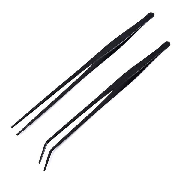 2 Pack Aquarium Forceps, 15 inch Long Handle Aquarium Tweezers Stainless Steel Straight and Curved Tweezers Set for Fish Tank Aquatic Plants Long Handle Reptile Feeding Tongs, Black