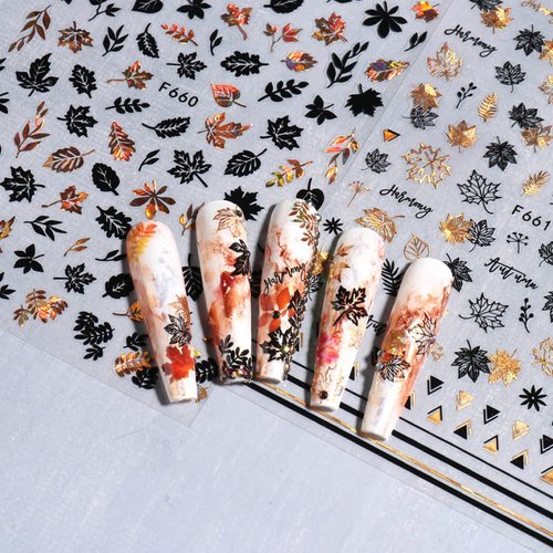 4 Sheets Fall Nail Art Stickers 3D Autumn Nail Decals Self-Adhesive Thanksgiving Nail Art Accessories Laser Gold Black White Maple Leaf Nail Designs Supplies Fall Nail Decorations for Acrylic Nails