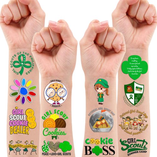87PCS Little Girl Cub Scout Cookies Temporary Tattoos Stickers Theme Birthday Party Decorations Supplies Favors Decor Cute Junior Brownie Scouts Tattoo Gifts For Kids Adults Boys Girls Prizes Carnival