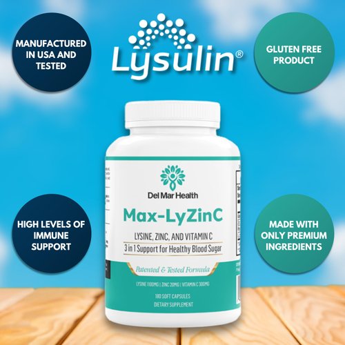 Del Mar Health Max-LyZinC | L-Lysine 1100 mg + Zinc 6 mg + Vitamin C 100 mg - 3-in-1 Supplement for Maintaining Blood Sugar Already in The Healthy Range - One-Scoop-Per Day Powder