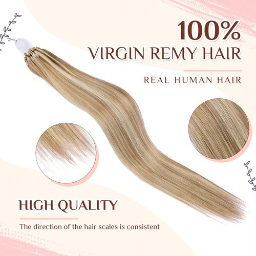 KiiKiiGirl Virgin Microlink Hair Extensions - Human Hair,16inch Micro link Hair Extensions Human Hair Micro Beads Hair Extensions Human Hair Chocolate Brown to Caramel Blonde 30G/Pack